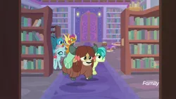 Size: 1920x1080 | Tagged: safe, derpibooru import, screencap, gallus, ocellus, sandbar, smolder, yona, changedling, changeling, dragon, earth pony, gryphon, pony, yak, what lies beneath, book, bookshelf, bow, cloven hooves, dragoness, female, hair bow, library, male, monkey swings, pillow, teenager