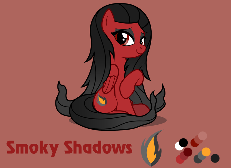 Size: 1100x800 | Tagged: safe, artist:lightning stripe, derpibooru import, oc, oc:smoky shadows, unofficial characters only, pegasus, pony, black mane, cutie mark, eyelashes, eyeliner, female, lidded eyes, long hair, long mane, long tail, makeup, mare, red, red and black oc, red background, red coat, red eyes, reference sheet, show accurate, simple background, sitting, smiling, solo, wings