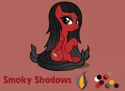 Size: 1100x800 | Tagged: safe, artist:lightning stripe, derpibooru import, oc, oc:smoky shadows, unofficial characters only, pegasus, pony, black mane, cutie mark, eyelashes, eyeliner, female, lidded eyes, long hair, long mane, long tail, makeup, mare, red, red and black oc, red background, red coat, red eyes, reference sheet, show accurate, simple background, sitting, smiling, solo, wings