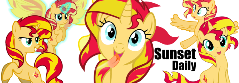 Size: 1000x350 | Tagged: safe, derpibooru import, sunset shimmer, alicorn, pony, unicorn, equestria daily, equestria girls, alicornified, crying, cute, grin, looking at you, multeity, race swap, shimmerbetes, shimmercorn, shimmerstorm, silly, silly pony, simple background, smiling, sunset phoenix, sunset shimmer day, tongue out, transparent background