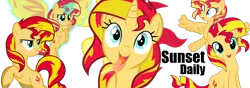 Size: 1000x350 | Tagged: safe, derpibooru import, sunset shimmer, alicorn, pony, unicorn, equestria daily, equestria girls, alicornified, crying, cute, grin, looking at you, multeity, race swap, shimmerbetes, shimmercorn, shimmerstorm, silly, silly pony, simple background, smiling, sunset phoenix, sunset shimmer day, tongue out, transparent background