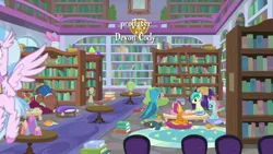 Size: 1280x720 | Tagged: safe, derpibooru import, screencap, gallus, ocellus, sandbar, silverstream, smolder, yona, changedling, changeling, dragon, earth pony, gryphon, pony, what lies beneath, book, bookshelf, dragoness, female, ladder, library, male, opening credits, student six, teenager