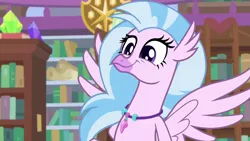 Size: 1280x720 | Tagged: bookshelf, cute, derpibooru import, diastreamies, faic, female, hippogriff, jewelry, library, necklace, safe, screencap, silverstream, solo, spread wings, what lies beneath, wings