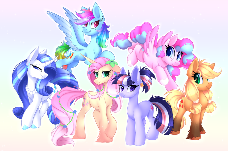 Size: 1024x678 | Tagged: safe, artist:scarlet-spectrum, derpibooru import, applejack, fluttershy, pinkie pie, rainbow dash, rarity, twilight sparkle, earth pony, pegasus, pony, unicorn, leak, spoiler:g5, alternate design, alternate hair color, applejack (g5), earth pony twilight, female, flower, flower in hair, fluttershy (g5), g5, mane six, mane six (g5), mare, pegasus pinkie pie, pinkie pie (g5), race swap, rainbow dash (g5), rarity (g5), smiling, twilight sparkle (g5), unicorn fluttershy