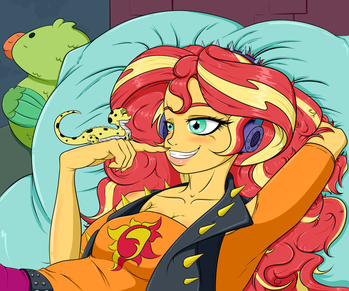 Size: 1280x1067 | Tagged: safe, artist:albertbm, derpibooru import, ray, sunset shimmer, bird, gecko, parakeet, equestria girls, equestria girls series, bed, clothes, female, grin, headphones, pillow, plushie, smiling, sunset shimmer day
