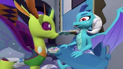 Size: 3840x2160 | Tagged: 3d, 4k, abdl, artist:mrdoctorderpy, changedling, changeling, derpibooru import, diaper, diaper fetish, dragon, feeding, fetish, gem, highchair, king thorax, princess ember, source filmmaker, suggestive, thorax