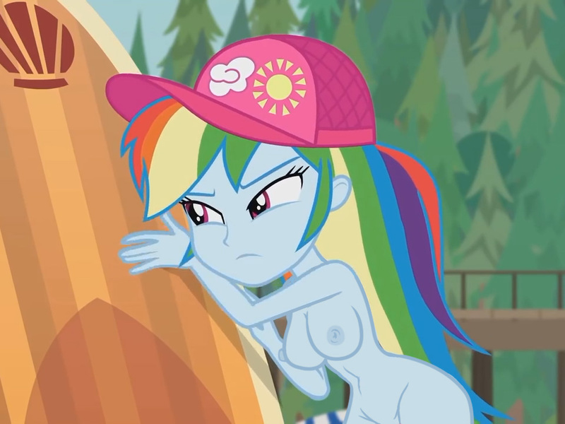 Size: 960x720 | Tagged: questionable, artist:fishsandwich, derpibooru import, edit, edited screencap, screencap, rainbow dash, equestria girls, equestria girls series, belly button, breast edit, breasts, busty rainbow dash, cropped, female, nipples, nude edit, nudity, practitioner of naturism, solo, solo female, surfboard