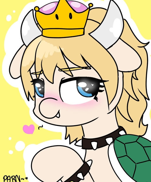 Size: 1024x1235 | Tagged: safe, artist:parn, derpibooru import, ponified, earth pony, pony, blushing, bowser, bowsette, bust, choker, crown, cute, cute little fangs, fanart, fangs, female, horns, jewelry, looking at you, mare, meme, ponified meme, princess bowser, regalia, rule 63, simple background, spiked choker, super crown, tortoise shell, yellow background