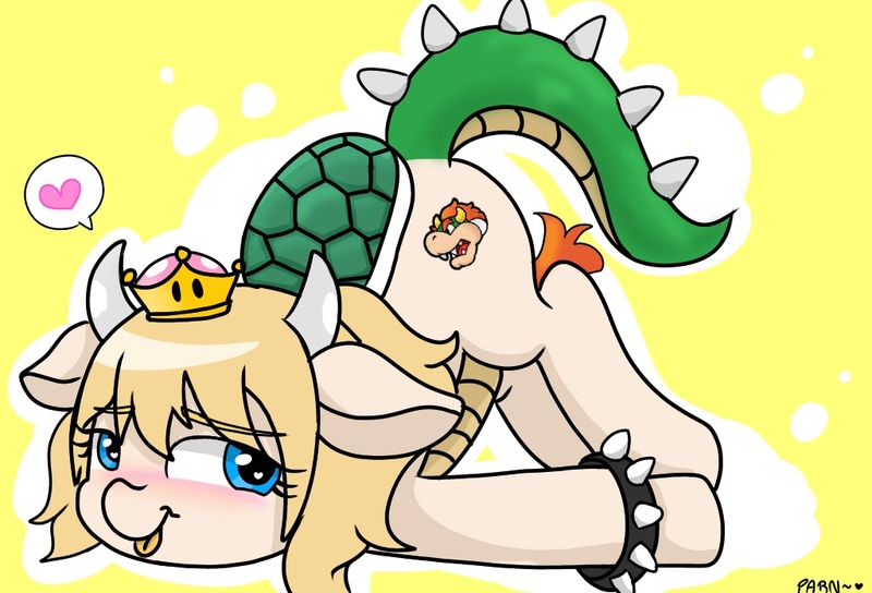 Size: 1024x696 | Tagged: safe, artist:parn, derpibooru import, ponified, earth pony, pony, blushing, bowser, bowsette, crown, cute, face down ass up, fanart, female, heart, horns, jewelry, lovely, mare, pictogram, princess bowser, regalia, rule 63, simple background, smiling, solo, speech bubble, super crown, tongue out, tortoise shell, yellow background