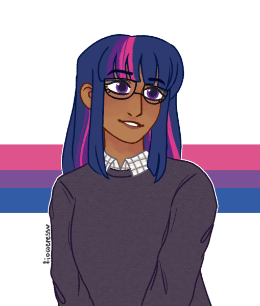 Size: 890x1050 | Tagged: artist:fioweress, bilight sparkle, bisexuality, bisexual pride flag, bi twi, dark skin, derpibooru import, female, glasses, headcanon, human, humanized, lgbt, lgbt headcanon, pride, pride flag, safe, sexuality headcanon, simple background, smiling, solo, transparent background, twilight sparkle