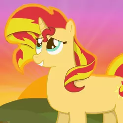 Size: 3000x3000 | Tagged: safe, artist:devfield, derpibooru import, sunset shimmer, pony, unicorn, cutie mark, female, glow, outdoors, smiling, solo, sunset, sunset shimmer day, two toned mane