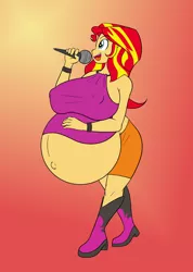 Size: 2082x2922 | Tagged: suggestive, artist:funble, artist:pacificside18, derpibooru import, sunset shimmer, equestria girls, rainbow rocks, belly, belly button, big belly, big breasts, boots, bracelet, breasts, clothes, colored background, erect nipples, female, huge belly, huge breasts, hyper, hyper belly, hyper pregnancy, impossibly large belly, jewelry, microphone, nipple outline, pregnant, pregnant equestria girls, shoes, simple background, singer, singing, skirt, sleeveless, solo, solo female, sunset preggers, sunset shimmer day