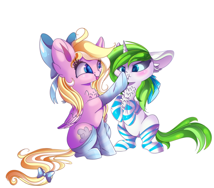 Size: 2278x2000 | Tagged: safe, artist:hagallaz, derpibooru import, oc, oc:bay breeze, oc:minty root, unofficial characters only, pegasus, pony, unicorn, :p, :t, angry, blushing, boop, bow, chest fluff, clothes, colored pupils, cross-eyed, cute, ear fluff, eye contact, faic, female, floppy ears, frown, glare, grumpy, hair bow, leg fluff, looking at each other, mare, ocbetes, scrunchy face, shoulder fluff, silly, simple background, sitting, smiling, smirk, socks, starry eyes, striped socks, tail bow, tongue out, transparent background, twiface, unamused, wavy mouth, wing fluff, wingding eyes