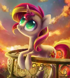 Size: 983x1095 | Tagged: safe, artist:dawnfire, derpibooru import, sunset shimmer, pony, unicorn, afternoon, balcony, bipedal, colored pupils, cute, cutie mark, horn, looking up, shimmerbetes, smiling, solo, stray strand, sunset, sunset shimmer day, sunshine shimmer