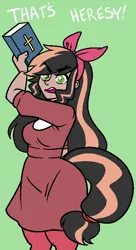Size: 423x779 | Tagged: artist:/d/non, bible, book, clothes, derpibooru import, dialogue, dress, female, green background, oc, oc:darcy, offspring, parent:big macintosh, religious, safe, satyr, simple background, solo, unofficial characters only