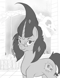 Size: 2550x3300 | Tagged: artist:overlord pony, black and white, derpibooru import, glasses, grayscale, monochrome, museum, nonbinary, oc, oc:nuclear blossom, ponysaur, safe, smiling, solo, unofficial characters only