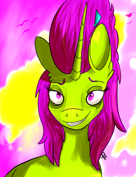 Size: 2975x3850 | Tagged: safe, artist:overlord pony, derpibooru import, oc, oc:nuclear blossom, unofficial characters only, pony, unicorn, abstract background, bags under eyes, nonbinary, smiling, tired