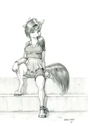 Size: 1000x1448 | Tagged: alternate hairstyle, anthro, artist:baron engel, backwards ballcap, baseball cap, cap, clothes, derpibooru import, disguise, female, friendship university, grayscale, hat, looking at you, mare, monochrome, pencil drawing, plainity, rarity, safe, simple background, sitting, smiling, smirk, solo, traditional art, unguligrade anthro, white background