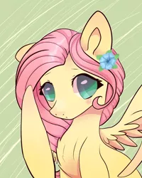 Size: 4000x5000 | Tagged: safe, artist:tuxisthename, derpibooru import, fluttershy, pegasus, pony, abstract background, bust, cute, female, flower, flower in hair, looking at you, mare, portrait, shyabetes, solo, spread wings, three quarter view, wings