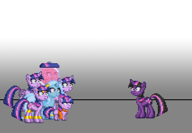 Size: 640x446 | Tagged: safe, artist:akumath, derpibooru import, trixie, twilight sparkle, genie, brainy twilight, clone twilight, female, filly, lesbian, pixel art, shipping, twixie