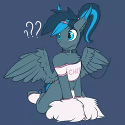 Size: 3000x3000 | Tagged: suggestive, artist:phenya, derpibooru import, oc, oc:rosy firefly, unofficial characters only, pegasus, pony, blue eyes, cheerleader, cheerleader outfit, clothes, collar, crossdressing, crotch bulge, leash, male, malesub, pom pom, question mark, simple background, solo, solo male, stallion, sticker, submissive, wings