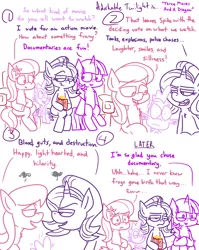 Size: 1280x1611 | Tagged: safe, artist:adorkabletwilightandfriends, derpibooru import, lily, lily valley, spike, starlight glimmer, twilight sparkle, twilight sparkle (alicorn), alicorn, dragon, earth pony, pony, unicorn, comic:adorkable twilight and friends, adorkable, adorkable twilight, comic, couch, cute, dork, electricity, food, humor, lineart, movie night, popcorn, sitting, slice of life, snacks