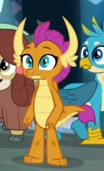 Size: 356x587 | Tagged: safe, derpibooru import, screencap, gallus, smolder, yona, dragon, gryphon, yak, what lies beneath, bow, claws, cloven hooves, cropped, dragoness, female, hair bow, male, monkey swings, solo focus, wings