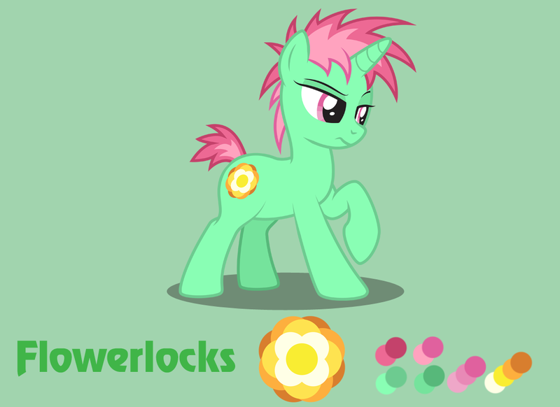 Size: 1100x800 | Tagged: safe, artist:lightning stripe, derpibooru import, oc, oc:flowerlocks, unofficial characters only, pony, unicorn, cutie mark, eyelashes, female, green, green background, green coat, horn, magenta, magenta eyes, mare, reference sheet, short hair, short mane, short tail, show accurate, simple background, solo, spiky hair, spiky mane