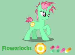 Size: 1100x800 | Tagged: safe, artist:lightning stripe, derpibooru import, oc, oc:flowerlocks, unofficial characters only, pony, unicorn, cutie mark, eyelashes, female, green, green background, green coat, horn, magenta, magenta eyes, mare, reference sheet, short hair, short mane, short tail, show accurate, simple background, solo, spiky hair, spiky mane