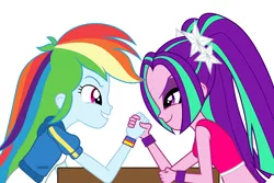 Size: 6000x4000 | Tagged: safe, artist:spottedlions, derpibooru import, aria blaze, rainbow dash, equestria girls, equestria girls series, rainbow rocks, absurd resolution, arm wrestling, clothes, friendshipping, hands together, midriff, simple background, table, white background