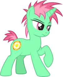 Size: 2109x2597 | Tagged: safe, artist:lightning stripe, derpibooru import, oc, oc:flowerlocks, unofficial characters only, pony, unicorn, cutie mark, eyelashes, female, green, green coat, horn, magenta, magenta eyes, mare, short hair, short mane, short tail, show accurate, simple background, solo, spiky hair, spiky mane, transparent background