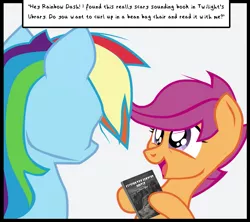 Size: 1727x1534 | Tagged: artist:aaronmk, bean bag chair, book, derpibooru import, dialogue, excited, happy, mark fisher, rainbow dash, safe, scootaloo, vector