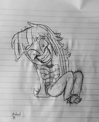 Size: 2240x2755 | Tagged: safe, artist:michaelmaddox222, deleted from derpibooru, derpibooru import, twilight sparkle, human, equestria girls, barefoot, bondage, crazy face, faic, feet, female, insanity, lined paper, looking at you, messy hair, monochrome, pencil drawing, signature, solo, straitjacket, traditional art, twilight snapple