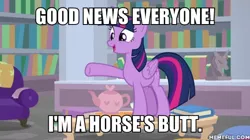 Size: 600x337 | Tagged: safe, derpibooru import, edit, edited screencap, screencap, ocellus, twilight sparkle, twilight sparkle (alicorn), alicorn, pony, what lies beneath, bookshelf, caption, disguise, disguised changeling, female, futurama, image macro, mare, meme, solo, teapot, text