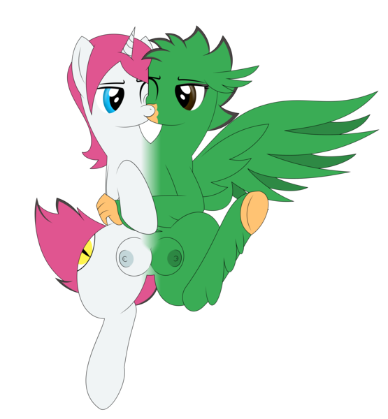 Size: 2775x3000 | Tagged: questionable, artist:mlpconjoinment, derpibooru import, oc, oc:vocal love, unnamed oc, unofficial characters only, hippogriff, pony, unicorn, conjoined, crotchboobs, female, kissing, lesbian, looking at each other, multiple heads, nipples, nudity, oc x oc, shipping, simple background, together forever, transparent background