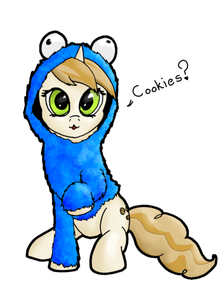 Size: 731x1027 | Tagged: safe, artist:tunrae, derpibooru import, sweet biscuit, pony, unicorn, adorabiscuit, clothes, cookie monster, costume, cute, dialogue, female, mare, simple background, transparent background