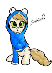 Size: 731x1027 | Tagged: safe, artist:tunrae, derpibooru import, sweet biscuit, pony, unicorn, adorabiscuit, clothes, cookie monster, costume, cute, dialogue, female, mare, simple background, transparent background