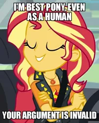 Size: 586x720 | Tagged: safe, derpibooru import, edit, edited screencap, screencap, sunset shimmer, driving miss shimmer, equestria girls, equestria girls series, argument, caption, car, clothes, cropped, crossed arms, cute, cutie mark, eyelashes, eyes closed, geode of empathy, hand, image macro, magical geodes, meme, seatbelt, shimmerbetes, smug, solo, spikes, text, vest, your argument is invalid