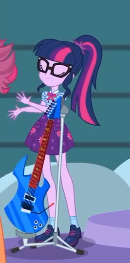 Size: 267x540 | Tagged: safe, derpibooru import, screencap, sci-twi, twilight sparkle, equestria girls, equestria girls series, rollercoaster of friendship, clothes, cropped, female, geode of telekinesis, glasses, guitar, magical geodes, musical instrument, ponytail, shoes, skirt, smiling, socks, solo focus