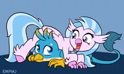 Size: 1000x600 | Tagged: safe, artist:empyu, derpibooru import, gallus, silverstream, classical hippogriff, gryphon, hippogriff, blue background, cute, diastreamies, female, gallabetes, gallstream, male, prone, quadrupedal, shipping, simple background, smiling, straight