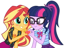 Size: 2111x1557 | Tagged: safe, artist:kingdark0001, derpibooru import, sci-twi, sunset shimmer, twilight sparkle, equestria girls, equestria girls series, blushing, clothes, female, geode of empathy, geode of telekinesis, glasses, heart hands, lesbian, magical geodes, scitwishimmer, shipping, simple background, sunset shimmer day, sunsetsparkle, transparent background