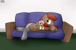 Size: 2158x1423 | Tagged: safe, artist:the-furry-railfan, derpibooru import, fluttershy, oc, oc:winterlight, pegasus, pony, bed mane, clothes, couch, lazy, morning, pants, plushie, resting, scarf