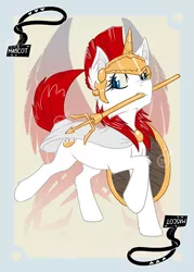 Size: 517x721 | Tagged: safe, artist:bluekite-falls, artist:sky-railroad, derpibooru import, oc, oc:britannia, unofficial characters only, pony, unicorn, armor, b.u.c.k., cape, clothes, female, lightly watermarked, mare, mascot, prance card game, shield, solo, watermark