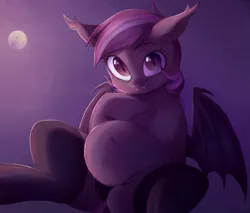 Size: 1141x973 | Tagged: suggestive, artist:toroitimu, derpibooru import, oc, oc:iris, unofficial characters only, bat pony, pony, bat pony oc, bat wings, belly button, black underwear, chubby, clothes, cute, fat, female, full moon, mare, moon, panties, socks, solo, solo female, stockings, thigh highs, underwear, wings