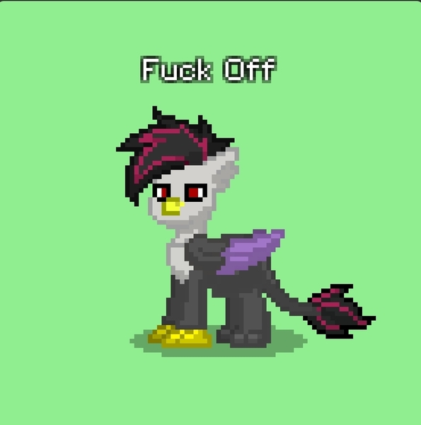 Size: 831x838 | Tagged: safe, derpibooru import, oc, oc:gothiquill violet, gryphon, pony, pony town, pixel art, screenshots, simple background, solo, vulgar