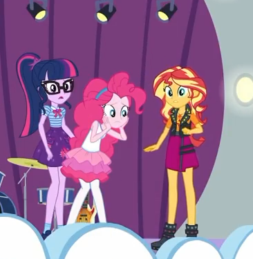 Size: 366x375 | Tagged: safe, derpibooru import, screencap, pinkie pie, sci-twi, sunset shimmer, twilight sparkle, equestria girls, equestria girls series, rollercoaster of friendship, boots, clothes, cropped, female, geode of empathy, geode of sugar bombs, geode of telekinesis, glasses, jacket, leather, leather jacket, magical geodes, pantyhose, ponytail, shocked, shoes, skirt