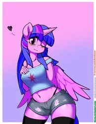 Size: 774x1000 | Tagged: adorasexy, alicorn, alternate version, anthro, artist:iloota, belly button, black panties, black underwear, blushing, bra, bra strap, breasts, busty twilight sparkle, clothes, cute, cutie mark, cutie mark on clothes, denim, denim shorts, derpibooru import, female, floating heart, gradient background, hand behind back, hand on chest, heart, horn, hot pants, looking at you, mare, midriff, off shoulder, one eye closed, panties, sexy, shorts, smiling, socks, solo, solo female, standing, suggestive, thigh highs, thighs, thong, thunder thighs, torn clothes, twiabetes, twilight sparkle, twilight sparkle (alicorn), underwear, wide hips, wings, wink