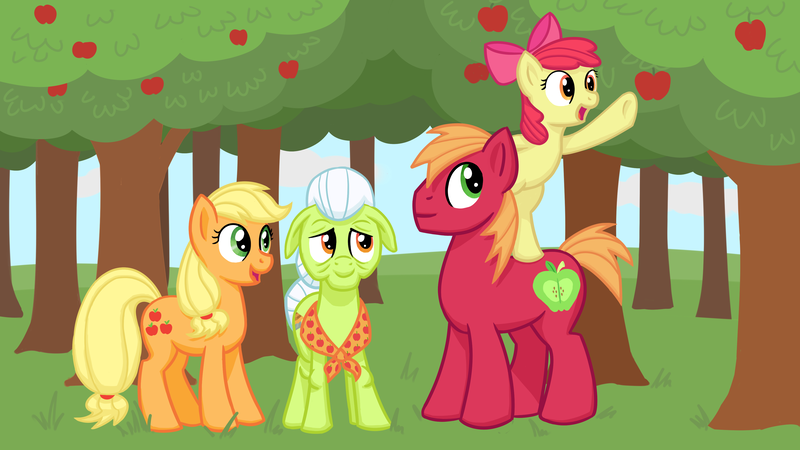 Size: 3840x2160 | Tagged: safe, artist:bill-the-pony, derpibooru import, apple bloom, applejack, big macintosh, granny smith, earth pony, pony, apple, apple family, apple tree, bandana, bow, female, filly, floppy ears, hair bow, hatless, male, mare, missing accessory, ponies riding ponies, riding, stallion, tree