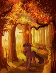 Size: 2041x2668 | Tagged: safe, artist:jellynut, derpibooru import, twilight sparkle, pony, unicorn, fall weather friends, 42, autumn, falling leaves, featured image, female, image, leaves, mare, png, running of the leaves, scenery, scenery porn, solo, tree, unicorn twilight