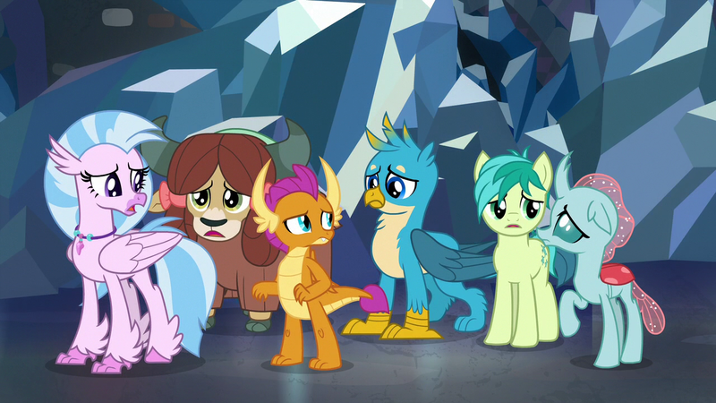 Size: 1280x720 | Tagged: safe, derpibooru import, screencap, gallus, ocellus, sandbar, silverstream, smolder, yona, changedling, changeling, classical hippogriff, dragon, earth pony, gryphon, hippogriff, pony, yak, what lies beneath, best friends, bow, cloven hooves, dragoness, female, hair bow, jewelry, male, monkey swings, necklace, student six, teenager